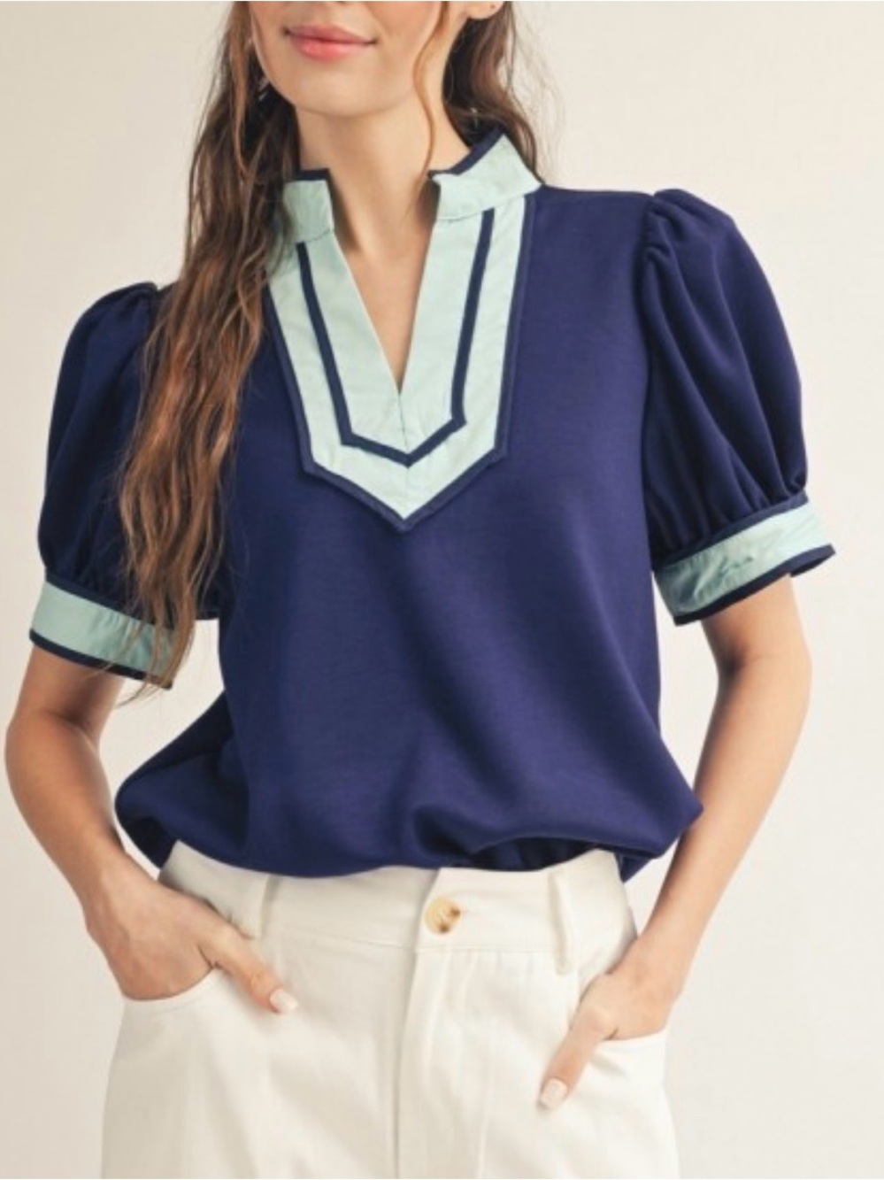 JODIFL Navy Puff-Sleeve Top with Mint Contrast